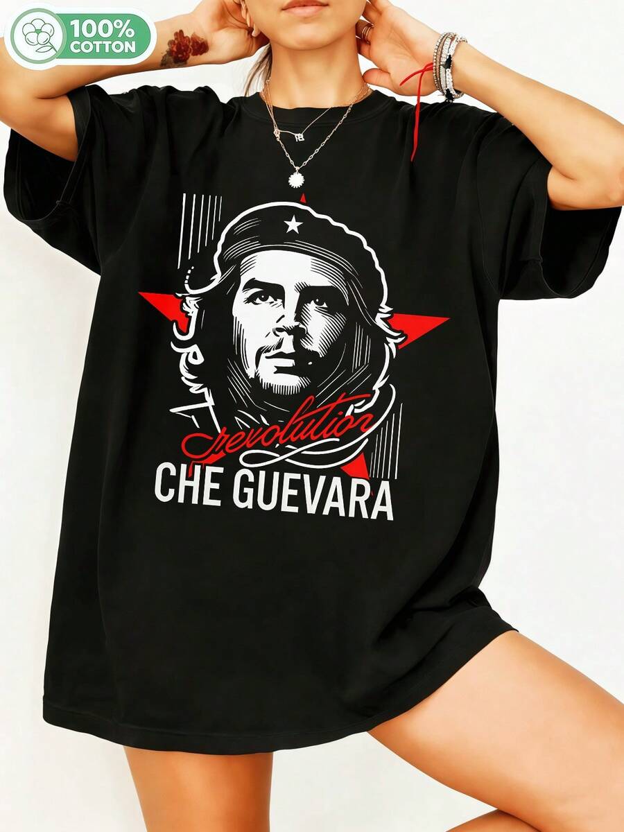 Streetwear Activist Che Guevara Revolution Graphic Cotton T-Shirt, Unusual Statement Print Tee, Casual Unisex Short Sleeve Shirt, Che Guevara Fan Merch, Retro Political Aesthetic, Soft Cotton For Everyday Wear. - Black - View 1
