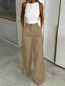 Pantalones anchos de primavera casuales para mujer  estilo de pierna recta holgada, diseño de cintura único de unicolor, adecuados para la oficina y el uso diario, versátiles y favorecedores - Marrón - Ver 2