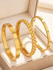 3pcs/Set Stainless Steel Bracelet Set, Rhinestone Clover Clasp Open Bangle, Suitable For Women's Daily Wear Or Gift - Yellow Gold - View 9