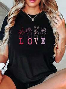 PremiumCamiseta casual de manga corta y cuello redondo, con estampado de corazones, muy adecuada para el verano y la primavera, diseño lindo para mujeres.Nueva llegada - Negro - Ver 1