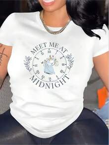 PremiumCamiseta blanca de algodón puro para mujer: Midnight Date: Camiseta Magic Clock, linda.Nueva llegada - Blanco - Ver 6