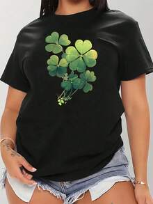 Talla - Talla - Camiseta Casual de Manga Corta para Mujer de Talla - Con Estampado de Trébol, Top Elástico de Cuello Redondo para Primavera y Verano, Lavable aáquina, Hecha de Tejido de Elasticidad Media - Negro - Ver 9