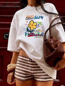Dibujo Floral Colorido Estilo Street Juvenil, Cuello Redondo, Manga Corta, Estilo Casual, Adecuada para Mujeres en Primavera y Verano, Color Blanco,playeras de mujer,tops 100% Cotton Blusas Bonito - Blanco - Ver 4