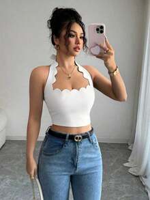 Top corto con escote halter, volantes y amarres en negro para mujer, ideal para vacaciones - Blanco - Ver 4