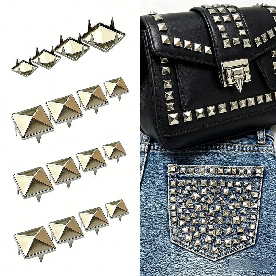100/320/430pcs 10mm (0.394 Inch) Square Pyramid Silver Punk Rock Decor Handmade 4-Prong Metal Studs Suitable For DIY Leather Rivets, Bags, Clothing, Shoes Metal Square Rivets - A - View 1