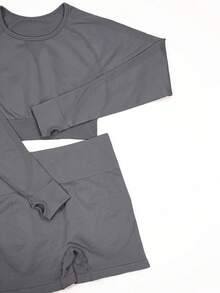 Women's Seamless High-Elastic Long-Sleeve Leggings Sports Basic Set, Versatile Outdoor Fitness Outfit - 深灰色 - 查看 6