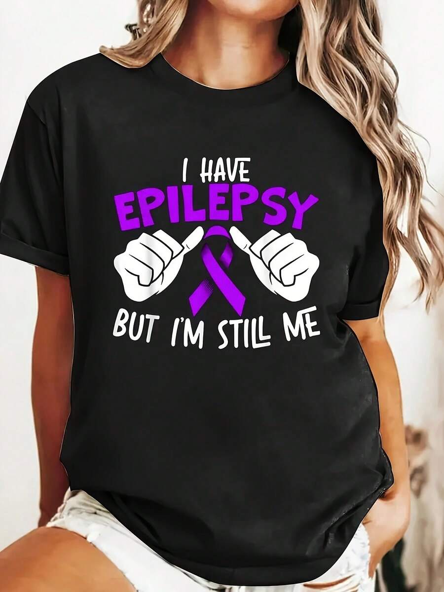 Talla grande, talla grande - Camiseta de concienciación sobre la epilepsiara mujer - Camiseta negra con símbolo de lazo morado y eslogan "Tengo epilepsiero sigo siendo yo" - Camiseta de uso diario de alta elasticidad para concienciación, apoyo y aceptación de la epilepsia - Prenda superior