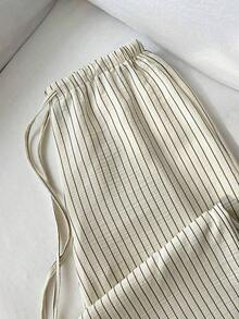 1 pieza Pantalones casuales de mujer a rayas amarillas, tela de burbujas arrugada, cintura súper baja con cordón, pantalones rectos de ajuste relajado, casual y romántico - Amarillo - Ver 3