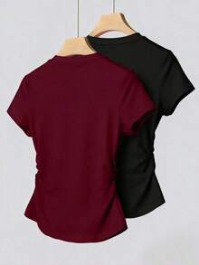 Set de 2 blusas de verano para mujer, camisetas con cintura ceñida, diseño de unicolor, burdeos y negro clásicos, de alta gama, para estudiantes, uso casual diario, adecuado para salir, ir de compras, usar en la oficina - Multicolor 2 - Ver 2
