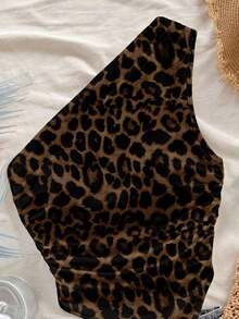 Top de bandeau asimétrico con estampado de leopardo y nudo, estilo playero, adecuado para el verano y la playa - Multicolor - Ver 4