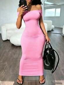 Vestido elegante de unicolor con hombros descubiertos y mangas cortas ajustado para mujer - Rosa - Ver 3