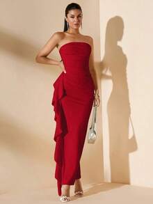 Vestido de dama de honor de boda de verano, vestido largo blanco con pliegues, abertura alta, volantes y tiras para fiesta, sin mangas y sin tirantes, sexy - Rojo - Ver 6