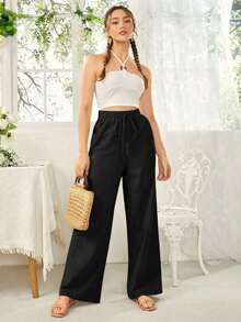 Pantalones largos minimalistas de unicolor con cordones y bolsillos para mujer, casuales para uso diario - Negro - Ver 6