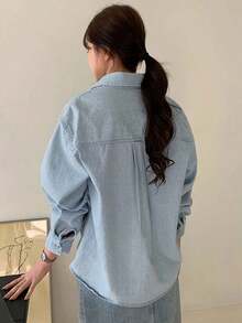 Camisa vaquera de lavado claro con cuello, bolsillos, ajuste holgado de manga larga, para primavera/verano/otoño - Lavado ligero - Ver 2