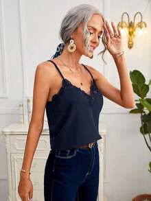 Frenchy Camiseta suelta de encaje con contraste para mujer - Azul marino - Ver 3