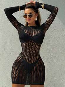 Vestido de playa para mujer tipo body con manga larga calado y malla, color negro - Negro - Ver 1