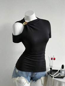 Nueva camiseta de mujer con hombros descubiertos, moderna, elegante y versátil. - Negro - Ver 3