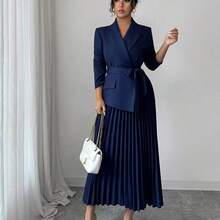 Raffinéa Women's Casual Versatile Commuting Patchwork Blazer Collar Long Sleeve Cinched Waist Pleated Midi Dress, Autumn/Winter Skirt Suits For Woman Blazer Skirt Set - Negro - Ver 6