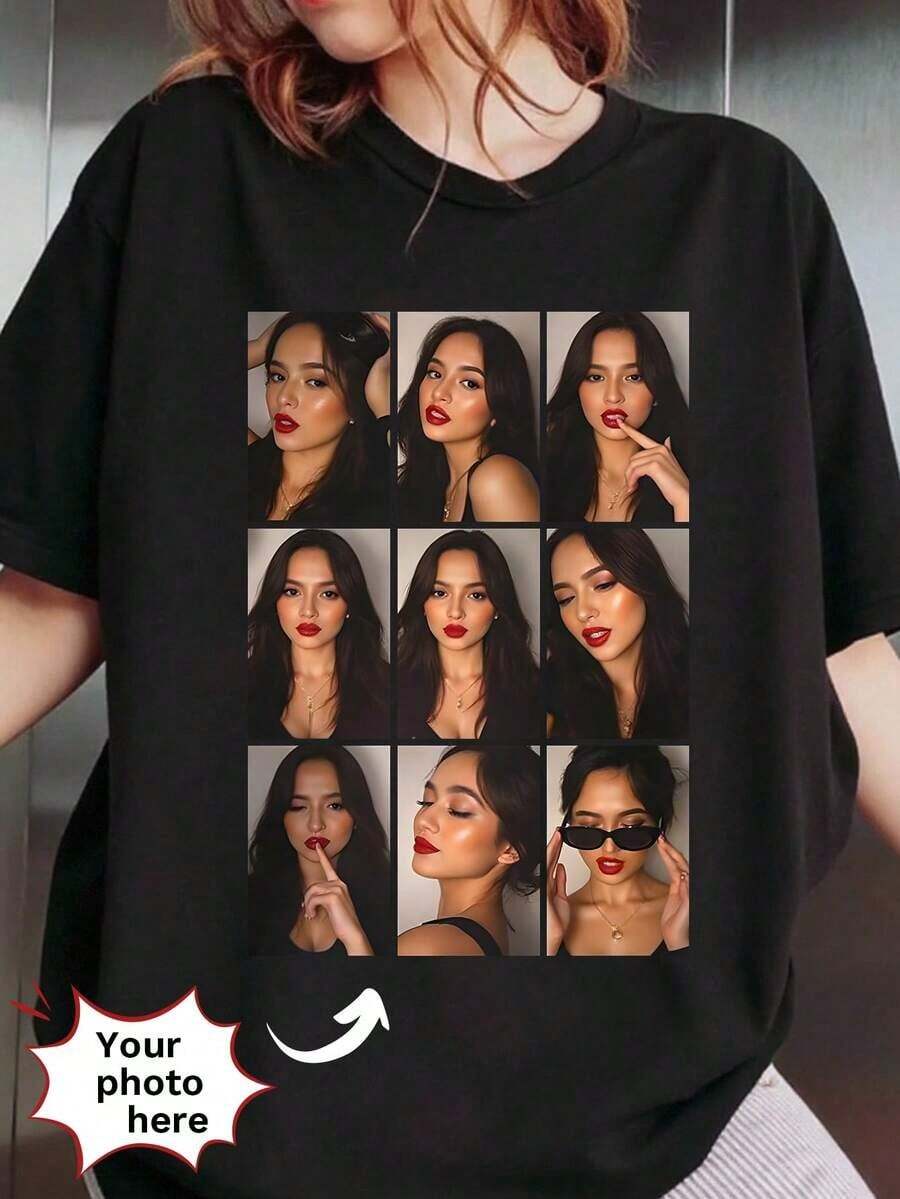 Camiseta de manga corta de ajuste holgado con collage de fotos personalizado, adecuada para uso diario, primavera/verano, negro, para familia, regalo del Día de la Madre - Negro - Ver 1