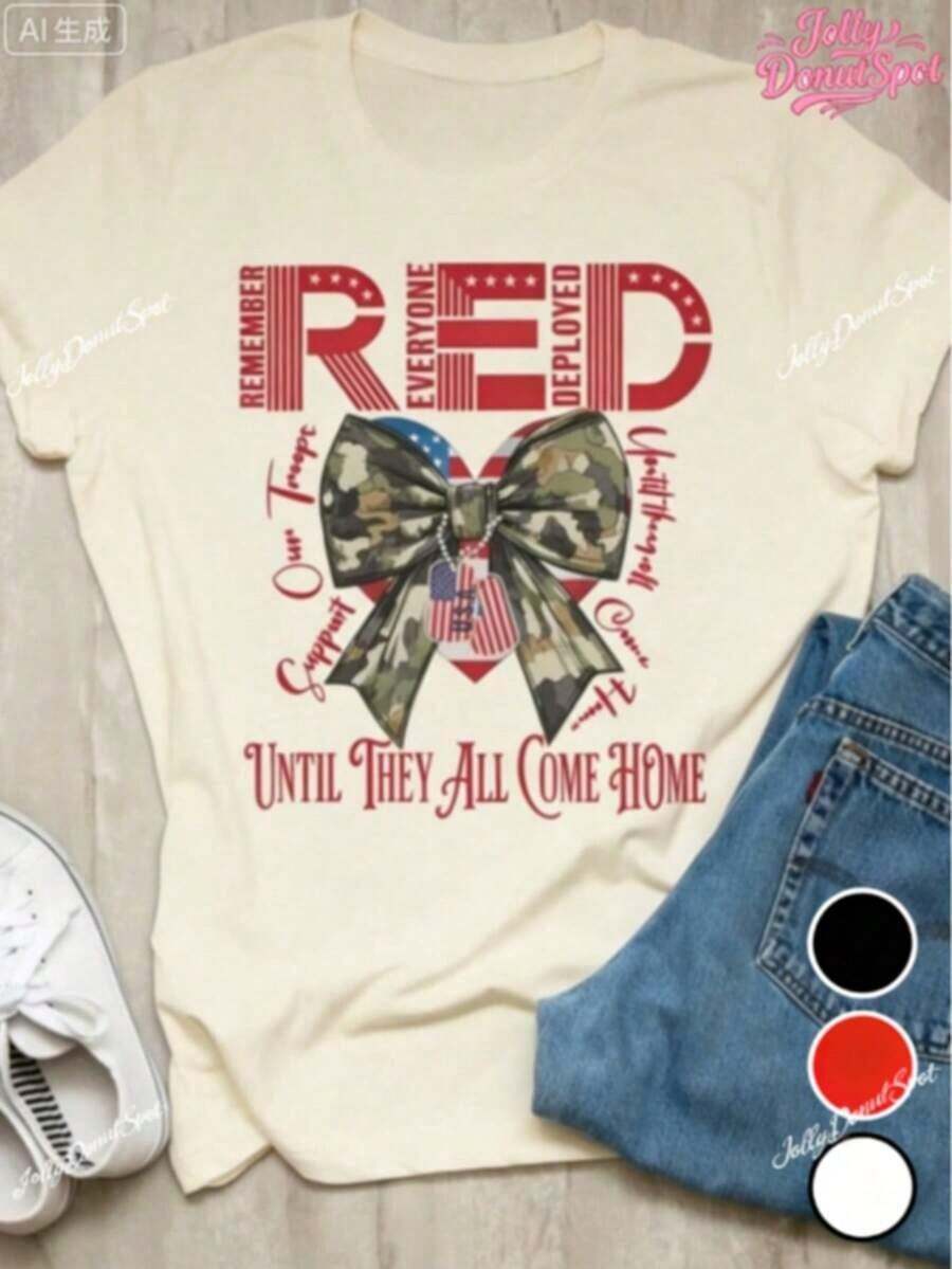 Red Friday T-Shirt, A Tribute To Every Soldier, We Wear Red Shirts On Fridays, A Military-Themed Gift (Ideal For Wife/Mother/Father/Girlfriend), Printed T-Shirt For Festive Celebrations, 100% Pure Cotton, A Great Gift For Friends And Family, Suitable For All Seasons - Unisex Short Sleeve Crew Neck Cotton T-Shirt, Vintage Urban Style - 杏色 - 查看 1