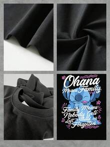 Ohana Symbolizes Family Unity And Unconditional Love That Never Leaves Anyone Behind Or Forgets Anyone, With A Blue Character Embracing The Message Of Solidarity And Hope. This Soft And Comfortable Women's Casual T-Shirt Is Perfect For Everyday Wear. - 黑色 - 查看 4