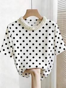 Camiseta de manga corta con cuello redondo ajustado, con cuentas y acanalada, elegante para mujeres - Negro - Ver 1
