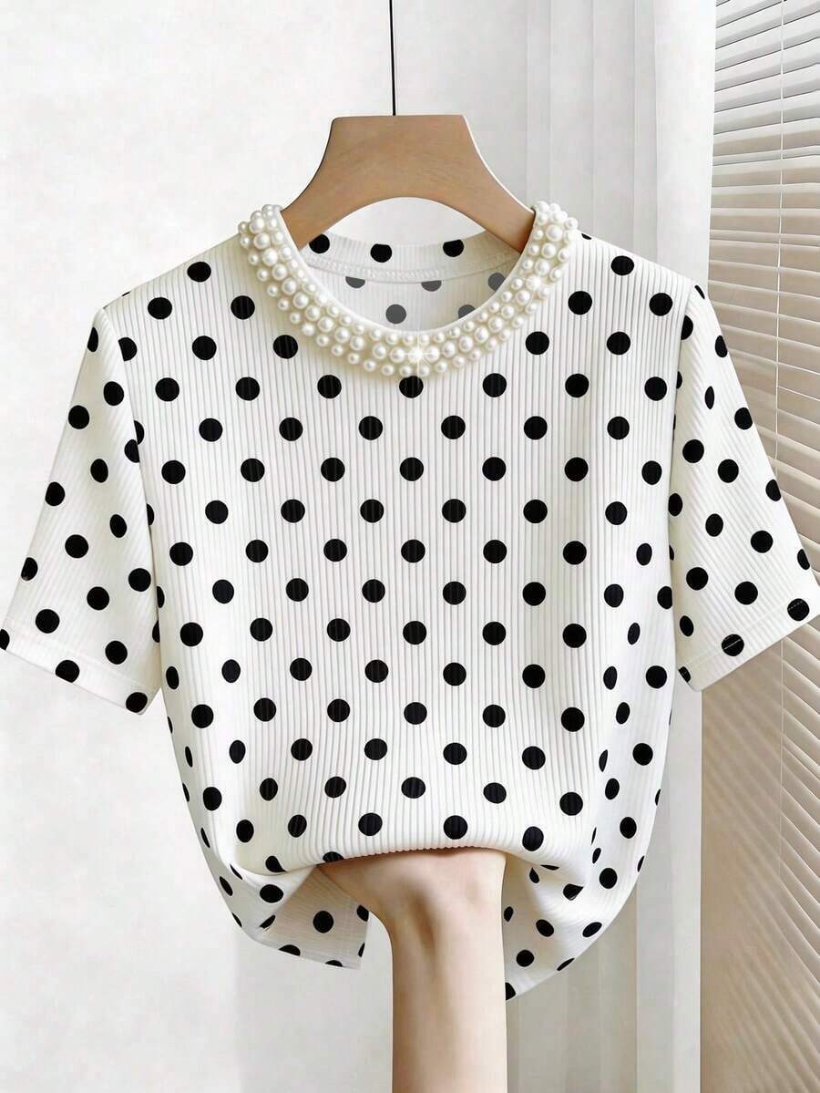 Camiseta de manga corta con cuello redondo ajustado, con cuentas y acanalada, elegante para mujeres - Negro - Ver 1
