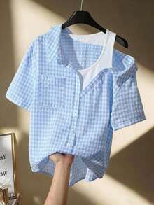 Camisa de mujer casual de manga corta raglán a rayas texturizada azul y blanca, de verano - Azul - Ver 3