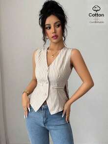 Camiseta de tirantes de mujer de algodón a rayas con lazo y escote en V sin espalda.Ajustada y que realza la figura, muestra por completo el encanto femenino.Adecuada para otoño e invierno, es una opción ideal para citas, vacaciones, ir al - Caqui - Ver 3