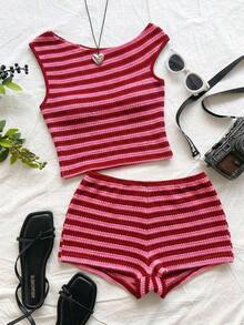 Eduarda Gutierrez  Conjunto de 2 piezas para mujer con top corto de punto a rayas y shorts ajustados de tiro súper bajo, atuendo adecuado para vacaciones, fiestas, Navidad, San Valentín, citas, playa, crucero, carnaval, Pascua, Año Nuevo Chi - Rosa Fucsia - Ver 9