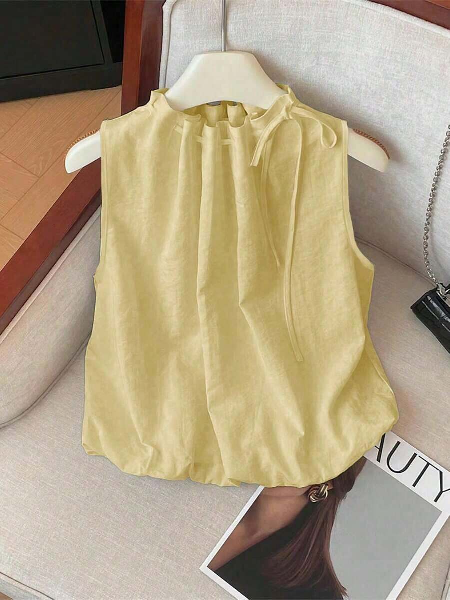 Blusa blanca elegante sin mangas, de cintura elástica, cuello suelto con cordón, de tejido texturizado para mujeres, primavera/verano - Amarillo - Ver 1