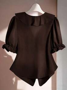Blusa casual con cuello en V, mangas con volantes y pétalos - Café integral - Ver 2