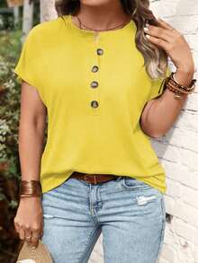 Camiseta de manga corta con botones talla grande - Amarillo - Ver 3