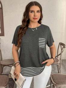 Camiseta casual de talla grande con bolsillo y rayas de contraste, prenda de vestir occidental estilo boho bohemio, top de festival de los 90, verano y primavera - Gris Oscuro - Ver 4