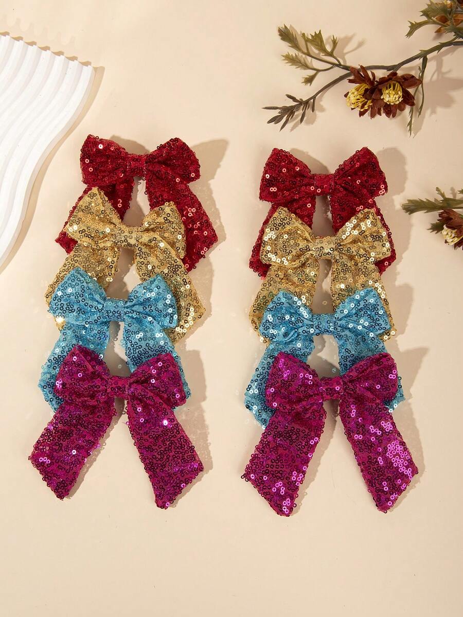 1/2/4pcs Sequin Bow Hair Clips, Long Ribbon Shiny Hair Clips, Y2K, Birthday Party, Stage - Multicolor - View 1