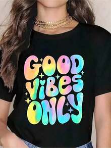 1 pieza Camiseta gráfica Tie-Dye Good Vibes Only para mujeres - Top de verano con estampado de arcoíris colorido, camiseta casual y divertida para playa, festival, fiesta y uso diario 180g 100% algodón suaveSuitable for spring, summer and autumneurmuse - Negro - Ver 7