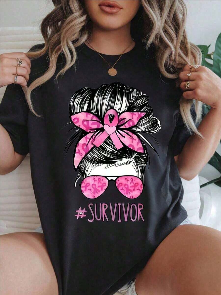 Camiseta Casual Vintage de Manga Corta para Mujer - Top de Verano con Cuello Redondo, Lazo Rosa, Estampado de Gafas de Sol y Supervivientes, Lavable a Máquina, Camisetas para Mujer, Ropa Casual, Estilo Moderno, Ajuste Cómodo
BlackFashion - Negro - Ver 1