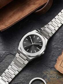 PINTIME 1 Buah Jam Tangan Pria Minimalis Segi Delapan Warna Perak, Dial Sunburst dengan Fungsi Tanggal, Tali Stainless Steel, Gaya Bisnis-Kasual, Jam Tangan Quartz Tahan Air - hitam - View 5