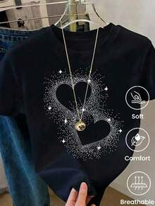 Camiseta de  con Estampado de Corazón Brillante y Pedrería, Manga Corta, Cuello Redondo, de Algodón, Ligera y Transpirable, Ideal para el Verano, Perfecta para Fiestas, Estilo Casual y Femenino, Transpirable y Cómoda. - Negro - Ver 10