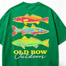Men's Casual Summer Washed Cotton T-Shirt Old Row Outdoor Fish Print, Round Neck Short Sleeve Lightweight Knitted Fabric, Rib Details 100% Cotton - 純棉綠色 - 查看 3