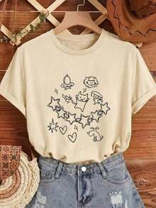 1pcY2K Women's Summer Top, Cute And Fun. Simple Pet Designs, Childlike And Relaxing Style, Exclusive For Owners, Star And Heart Elements, Women's T-Shirt With Cartoon Letter Print. Suitable For Various Occasions, Such As A Gift For Festivals, Birthdays, Music Festivals, Mother's Day, Easter, Graduation Season, Casual And Versatile, Comfortable, For Beach Vacations, Simple And Fashionable, Suitable For Daily Wear For Women And Girls. 100% Cotton. - 杏色 - 查看 7