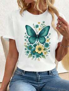 playeras de algodón mujer 1pscCamiseta de mujer con estampado floral de mariposas, informal, transpirable, dise?o gráfico.100%cotton ropa de mujer  Daily home top - Blanco - Ver 1