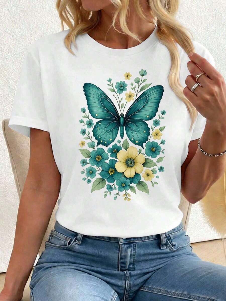 playeras de algodón mujer 1pscCamiseta de mujer con estampado floral de mariposas, informal, transpirable, dise?o gráfico.100%cotton ropa de mujer Daily home top - Blanco - Ver 1