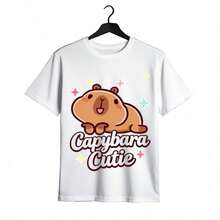 Tops para mujer gráfica con diseño de capibara para mujer, de algodón, cuello redondo, manga corta, estilo casual. - Blanco - Ver 2