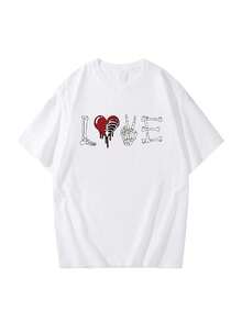 Camiseta de corazón de hueso impresa LDA cuello redondo de manga corta mujer casual aumenta el tamaño - Blanco - Ver 7