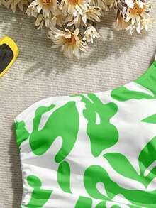 Traje de baño de una pieza con estampado todo sobre con cordón lateral para mujer, ideal para vacaciones y playa - Verde - Ver 3