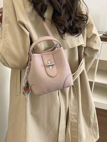 Dedoo Women's Early Spring Litchi Grain Soft Leather Classic Bucket Bag, Metal Cross Lock Design, Versatile Mild Casual Style Suitable For Work, Dates, Afternoon Tea, Handheld & Shoulder 2-Way Bag - Pink - View 4