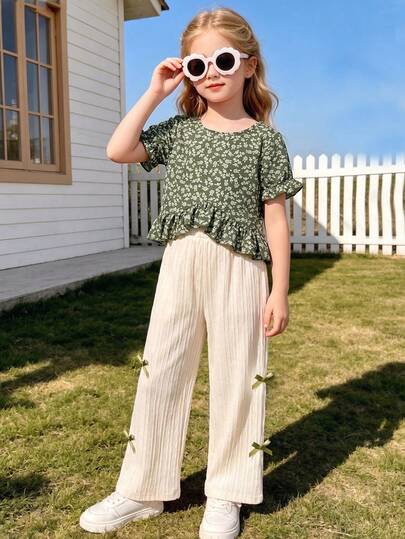 2pcs/Set Young Girls' Ditsy Floral Short Sleeve Ruffle Top + Solid Color Chiffon Bow Decor Casual Straight Leg Pants Set, Summer