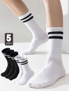 5 pares de calcetines tipo tripulación para hombres, calcetines de algodón transpirables con diseño de rayas, resistentes al olor, aptos para primavera/verano, diseño unisex, sencillo y versátil, calcetines blancos de talla grande - Multicolor - Ver 2