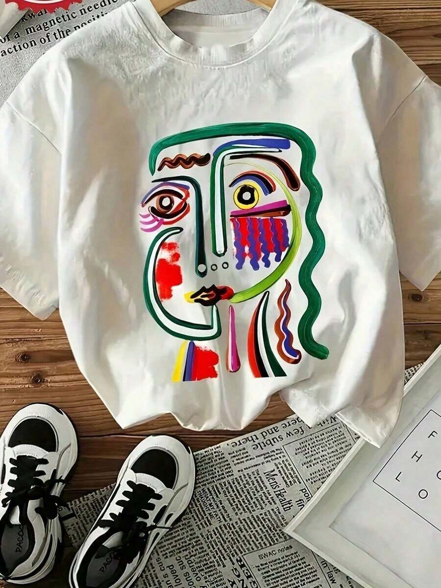 Camiseta de Mujer con Diseño Abstracto Artístico - Manga Corta, Corte Ajustado, Estilo Casual - Camiseta Blanca de Manga Corta Llamativa con Diseño de Rostro Colorido, Cabello Verde Ondulado - Blanco - Ver 1